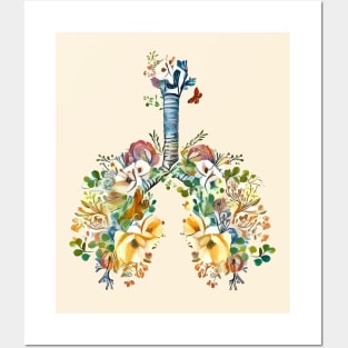 Lungs with wild flowers watercolor shades of jellow, green and sand Posters and Art